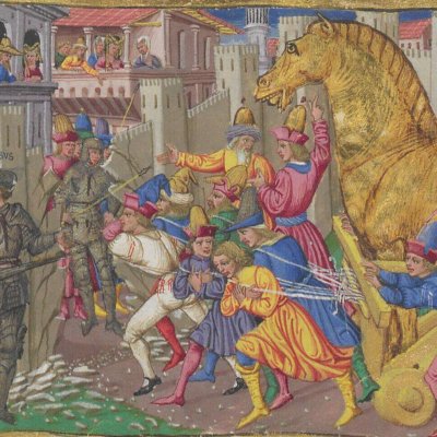 Les Troyens font entrer le cheval dans la ville (Énéide, Riccardiana, Ms492, f°80r)