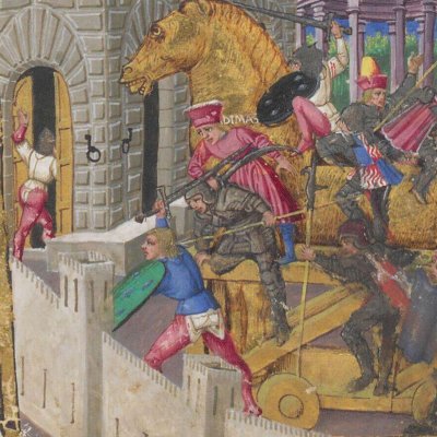 Les Grecs sortent du cheval de Troie et envahissent la ville (Énéide, Riccardiana, Ms492, f°80v)