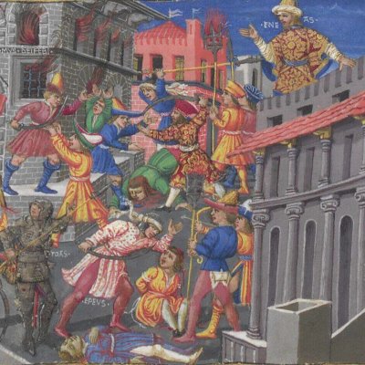 Énée découvre depuis le toit l'incendie de Troie et le massacre des Troyens (Énéide, Riccardiana, Ms492, f°81v)