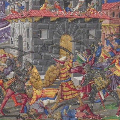 Énée contre-attaque (Énéide, Riccardiana, Ms492, f°82v)