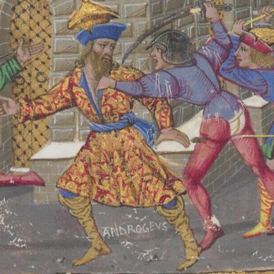 Le Grec Androgée prend la troupe d'Énée pour des alliés et est tué (Énéide, Riccardiana, Ms492, f°83r)