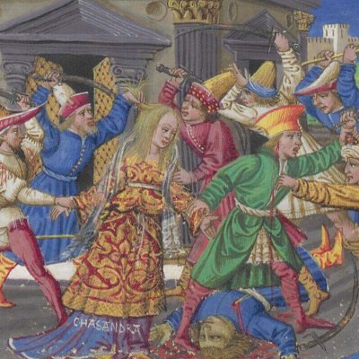 Cassandre emmenée prisonnière. Mort de Corèbe (Énéide, Riccardiana, Ms492, f°83v)