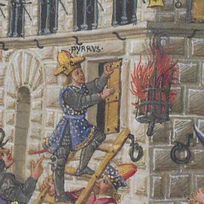 Pyrrhus pénètre dans le palais de Priam (Énéide, Riccardiana, Ms492, f°85r)