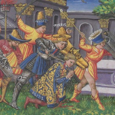 Pyrrhus tue Politès et s'en prend à Priam (Énéide, Riccardiana, Ms492, f°86r)