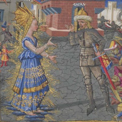 Vénus conseille à Énée la fuite (Énéide, Riccardiana, Ms492, f°87r)