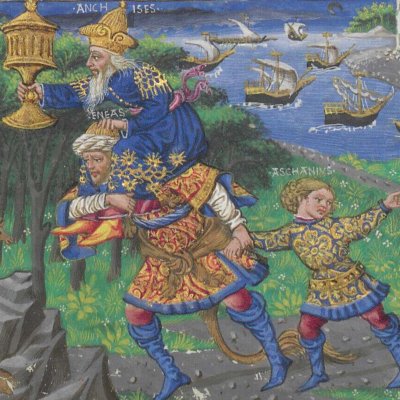 Énée quitte Troie avec Anchise et Ascagne. Créuse est derrière eux (Énéide, Riccardiana, Ms492, f°89r)