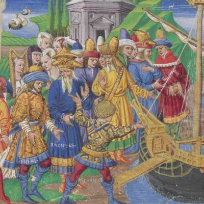 Embarquement des Troyens quittant Troie détruite (Énéide, Riccardiana, Ms492, f°91r)