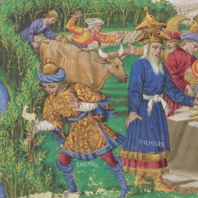 Arriving in Thrace, the Trojans prepare a sacrifice. Aeneas cuts a branch of dogwood (Aeneid, Riccardiana, Ms492, f°91v)
