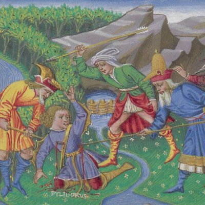 Polydore assasiné par le roi de Thrace (Énéide, Riccardiana, Ms492, f°92r)
