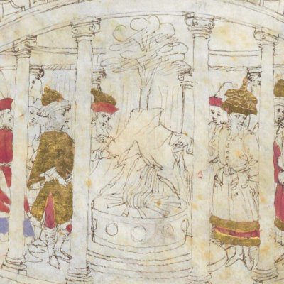Escale des Troyens à Délos (Énéide, Riccardiana, Ms492, f°93r)