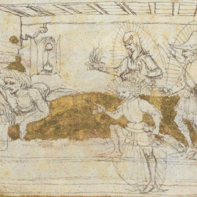 Songe d'Énée. Les Pénates lui apparaissent (Énéide, Riccardiana, Ms492, f°94r)