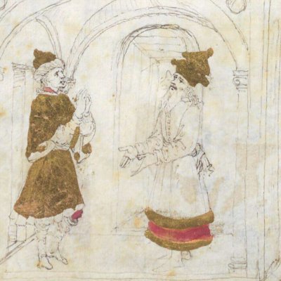 Anchise pousse Énée à quitter la Crète pour l'Italie (Énéide, Riccardiana, Ms492, f°94v)