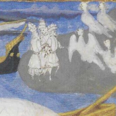 Les Troyens quittent la Crète, essuient une tempête et abordent les Strophades (Énéide, Riccardiana, Ms492, f°95r)