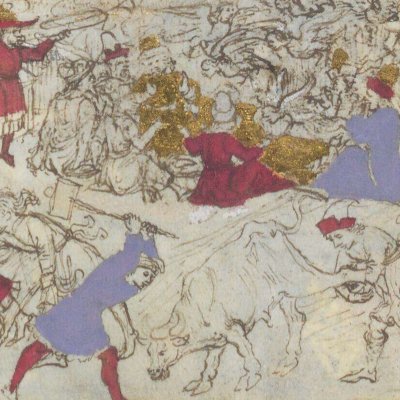 Capture des bœufs et banquet dans les Strophades (Énéide, Riccardiana, Ms492, f°95v)