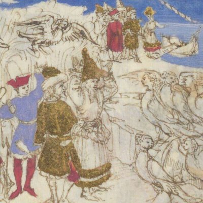 Attaque des harpyes. Confrontation avec Céléno (Énéide, Riccardiana, Ms492, f°96r)