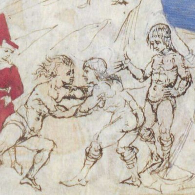 À Actium, célébration des Jeux d'Ilion (Énéide, Riccardiana, Ms492, f°96v)