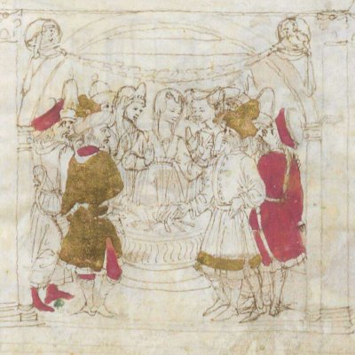 Énée consulte Hélénus dans le temple d'Apollon (Énéide, Riccardiana, Ms492, f°98v)