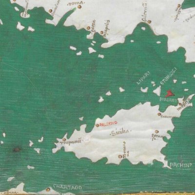 Carte des pérégrinations d'Énée : Grèce, Carthage, Italie (Énéide, Riccardiana, Ms492, f°99r)