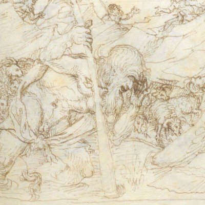 Polyphème lave son œil sur le rivage (Énéide, Riccardiana, Ms492, f°104r)