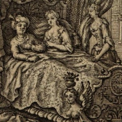 Frontispice du tome 5  (Les mille et une nuit, P. Husson, 1714)