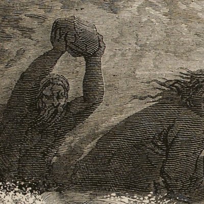 Troisième voyage. Les ogres jettent des pierres sur le radeau (Sindbad, Maxwell, 1879) - G. Doré