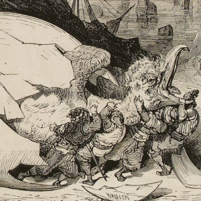 Fifth Journey. The merchants take the little rock bird out of its egg to roast it (Sindbad, Maxwell, 1879) - G. Doré