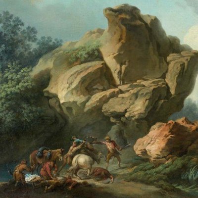 Des voleurs attaquant des voyageurs dans une gorge de montagnes - Loutherbourg