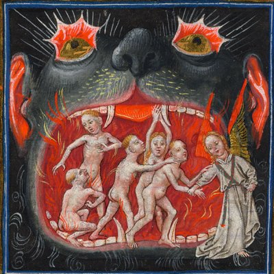 Les âmes libérées du Purgatoire. Un oiseleur (Livre d'heures de Catherine de Clèves, Liturgie des heures)