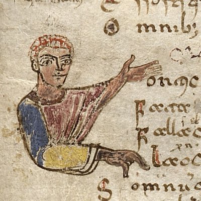 Personnage indiquant l'argument du livre II (Virgile de Naples, f55r)
