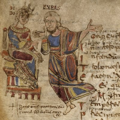 Énée racontant à Didon la chute de Troie (Virgile de Naples, f56r)