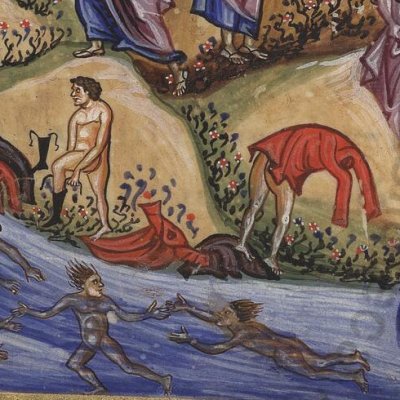 Joachim gagne le désert, où un ange lui annonce la naissance de Marie (Homélies de Jacques de Kokkinobaphos, Vat. Gr. 1162, F11v)