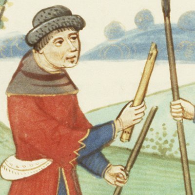 Mopsus et Ménalque s'apprêtent à chanter Daphnis (Virgile, Bucoliques 5, La Haye KB 76E21, 1f25r)
