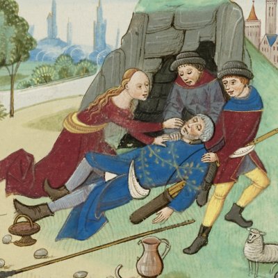 Chromis et Mnasyle lient Silène ivre avec l'aide d'Églé (Vergilii opera omnia, KB 76E21, f27v)