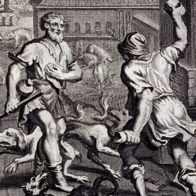 Ulysse attaqué par les chiens d'Eumée (Odyssée, ch.14, trad. Dacier, 1731) - A. v. Buysen