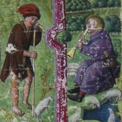 Lettre T historiée. Tityre et Mélibée (Virgile, Bucoliques, Valence BH Ms 837, f1r)