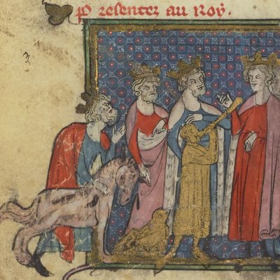 Les automates sont offerts au roi (Cleomadés, Bnf Français 1456, f12v)