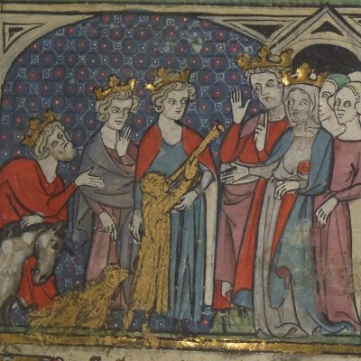 Cyclotandis fait marcher la poule d'or et ses trois poussins (Cleomadés, Bnf Français 1456, f18r)