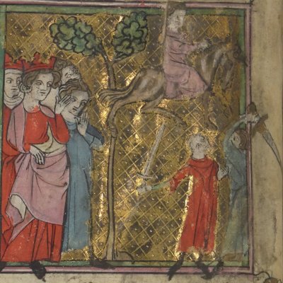 Cleomadés s'envole sur son cheval d'ébène (Cleomadés, Bnf Français 1456, f32v)
