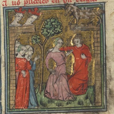 Cleomadés et Clarmondine préparent leur fuite dans le verger (Cleomadés, Bnf Français 1456, f40v)