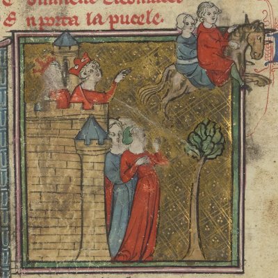 Enlèvement de Clarmondine sur le cheval d'ébène (Cleomadés, Bnf Français 1456, f42v)
