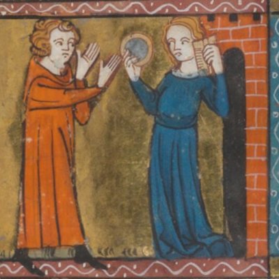 Oiseuse accueille l'amant dans le verger de Déduit (Roman de la rose, Bnf Français 25526, f6)