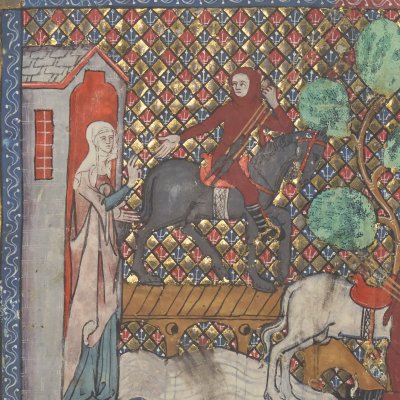 Départ de Perceval. Combat contre le chevalier Vermeil (Perceval, Bnf Français 12577, f1) 