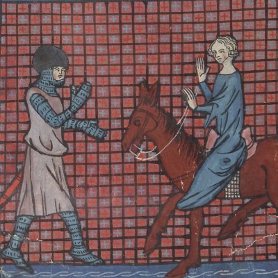 Perceval devant Arthur. La demoiselle à la mule (Perceval, Bnf Français 12577, f27) 