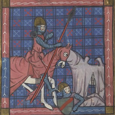 Gauvain knocks down Méliant de Lis (Perceval, Bnf Français 12577, f32)