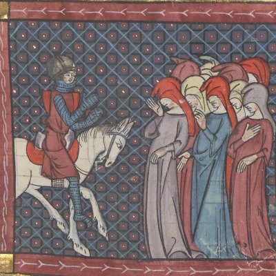 Perceval et les dames encapuchonnées. Chez l'ermite (Perceval, Bnf Français 12577, f36) 