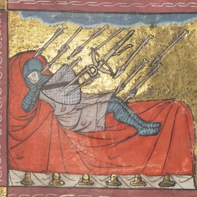 Gauvain on the perilous bed. Fight against the lion (Perceval, Bnf Français 12577, f45)