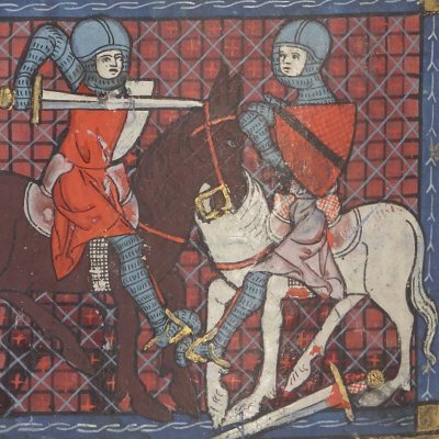 Gauvain ayant tué trois chevaliers en combat un quatrième (Continuation de Perceval, Bnf Français 12577, f68v) 
