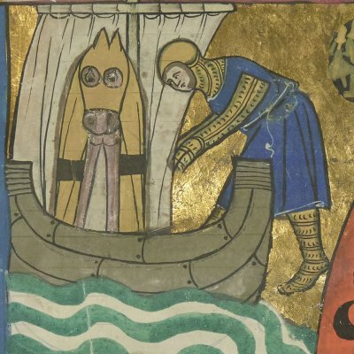 Pallas tué, son corps est évacué par la mer (Roman d'Énéas, Bnf Français 60, f170)