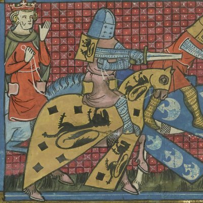 Combat d'Énéas et de Turnus pour la fille de Latinus et sa terre (Roman d'Énéas, Bnf Français 60, f182v)