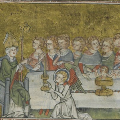 Procession du graal, avec la lance qui saigne (La quête du saint graal, Arsenal Ms-5218, f88)
